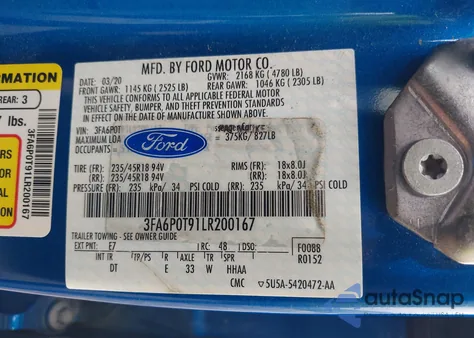 2020 Ford Fusion Se из США, поврежденный, VIN 3FA6P0T91LR200167